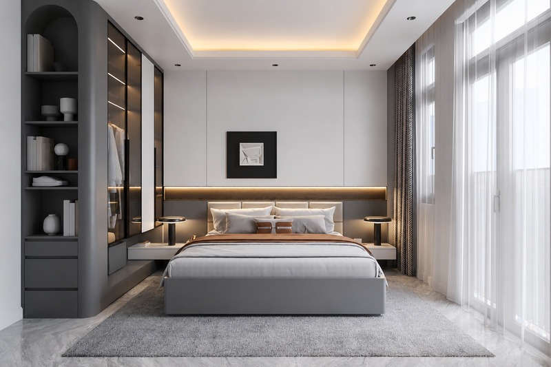 Giường ngủ cho vợ chồng nên cân bằng hai bên, lối đi thông thoáng và ánh sáng dịu nhẹ.
