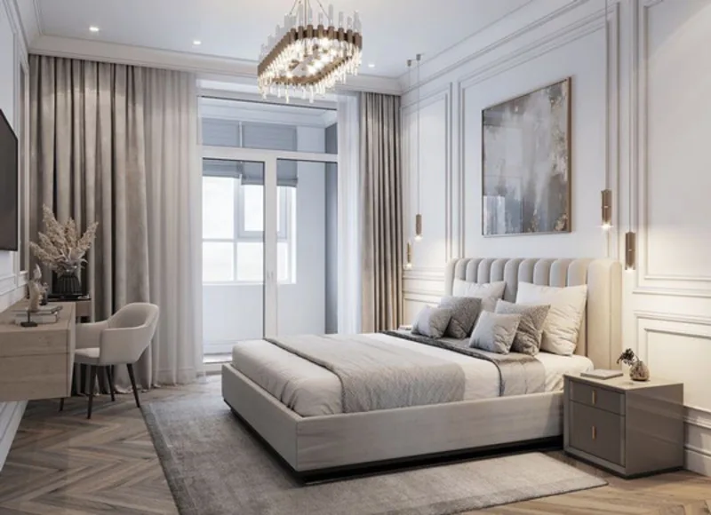 Đầu giường tựa vào bức tường khô ráo giúp tạo cảm giác vững chãi và ổn định