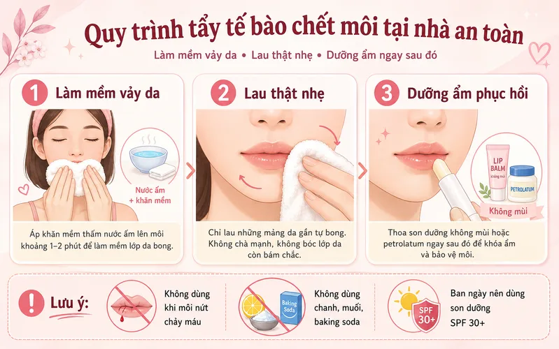 Quy trình tẩy tế bào chết môi tại nhà an toàn gồm làm mềm vảy da, lau thật nhẹ và dưỡng ẩm ngay sau đó.