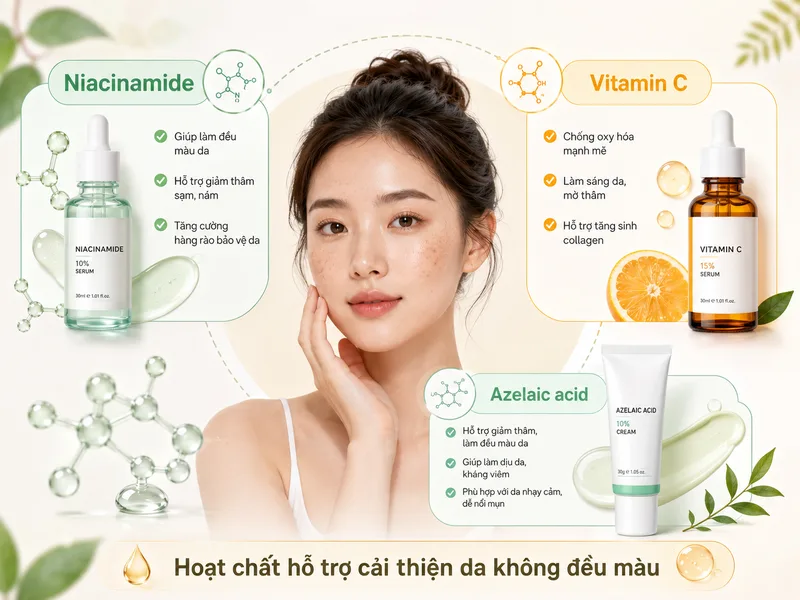 Niacinamide, vitamin C và azelaic acid là những hoạt chất thường xuất hiện trong chu trình hỗ trợ cải thiện da không đều màu.