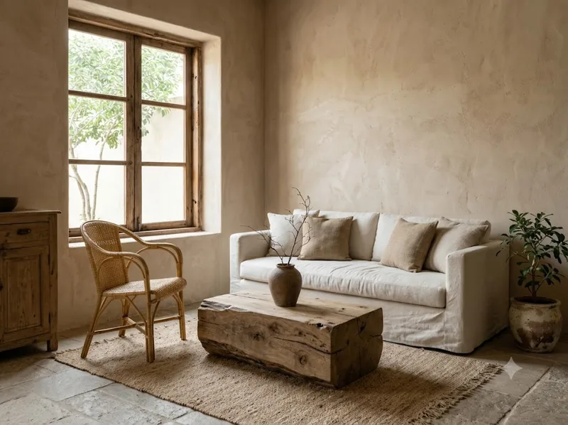 Đặc điểm của phong cách Wabi Sabi là vật liệu mộc và màu sắc tự nhiên