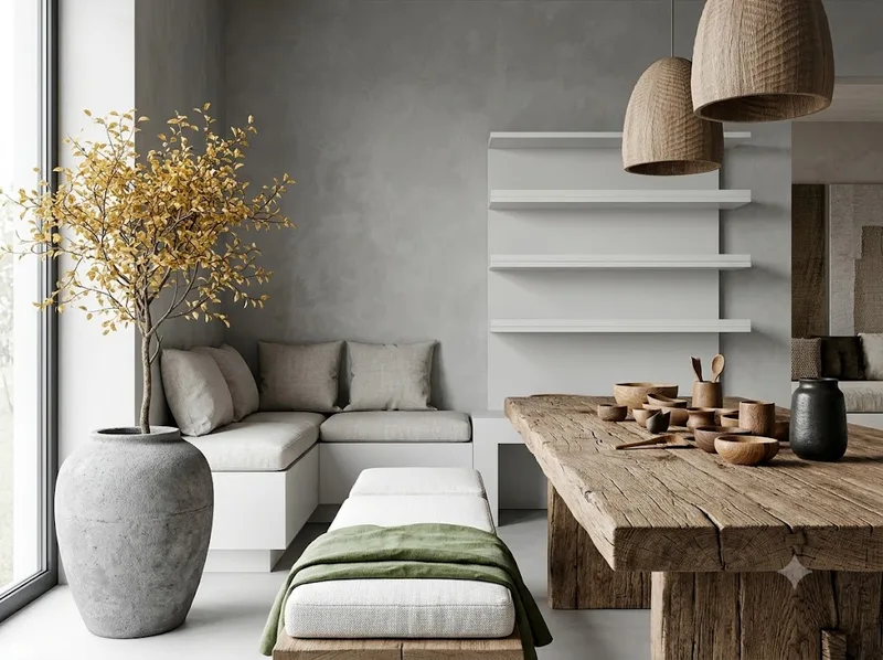 Thiết kế nội thất Wabi Sabi kết hợp gỗ, gốm và ánh sáng tự nhiên