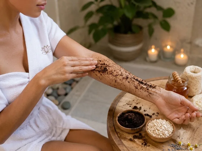 Massage bã cà phê mịn nhẹ nhàng trên da cơ thể đã làm ướt